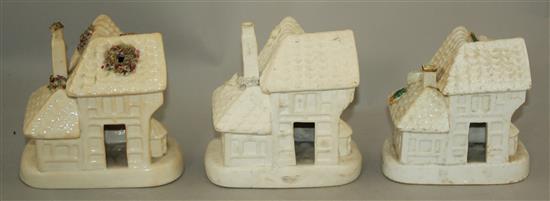 Three Staffordshire porcelain cottage pastille burners, c.1840, 12 - 14cm